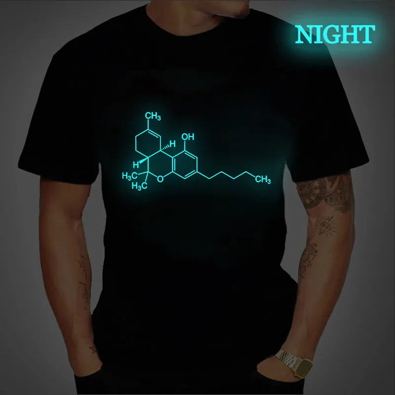 THC Marijuana Molecule Short Sleeve T-Shirt Unisex High Street Vintage Loose Casual Luminous T-shirts Street Fashion Hip Hop