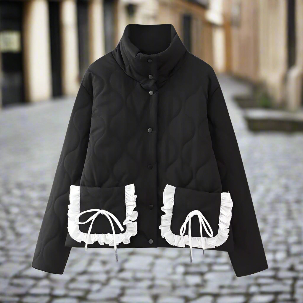 Elegant Bow Tie Stand-Up Collar Cotton Jacket