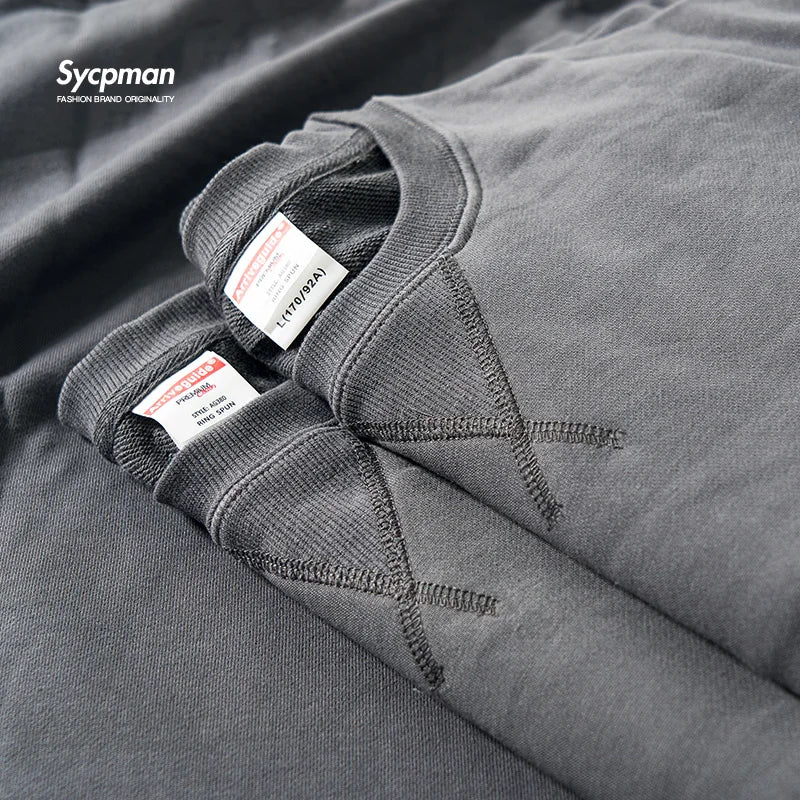 380g Heavy Cotton Sweater - Vintage Inverted Triangle Design, Long Sleeve Round Neck, Ideal for Autumn/Winter Wear