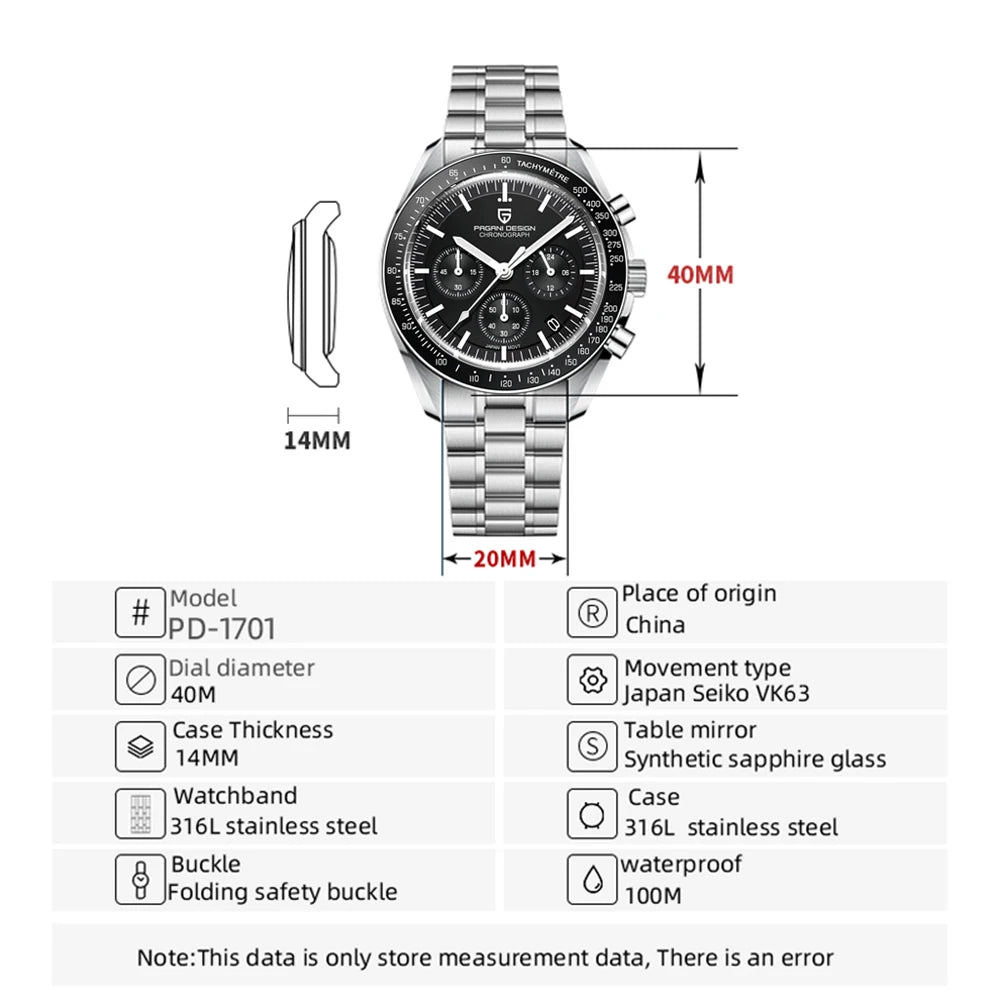PAGANI DESIGN Mens Watches Top Brand Luxury Automatic Quartz Chronograph Waterproof Sport Stainless Steel Watch
