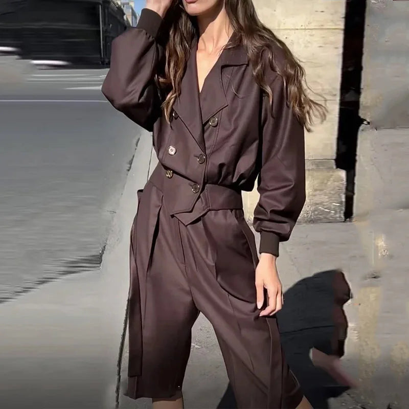WAYTOBELE Women's Blazer and Pants Set - Solid Double Breasted Jacket with Pants