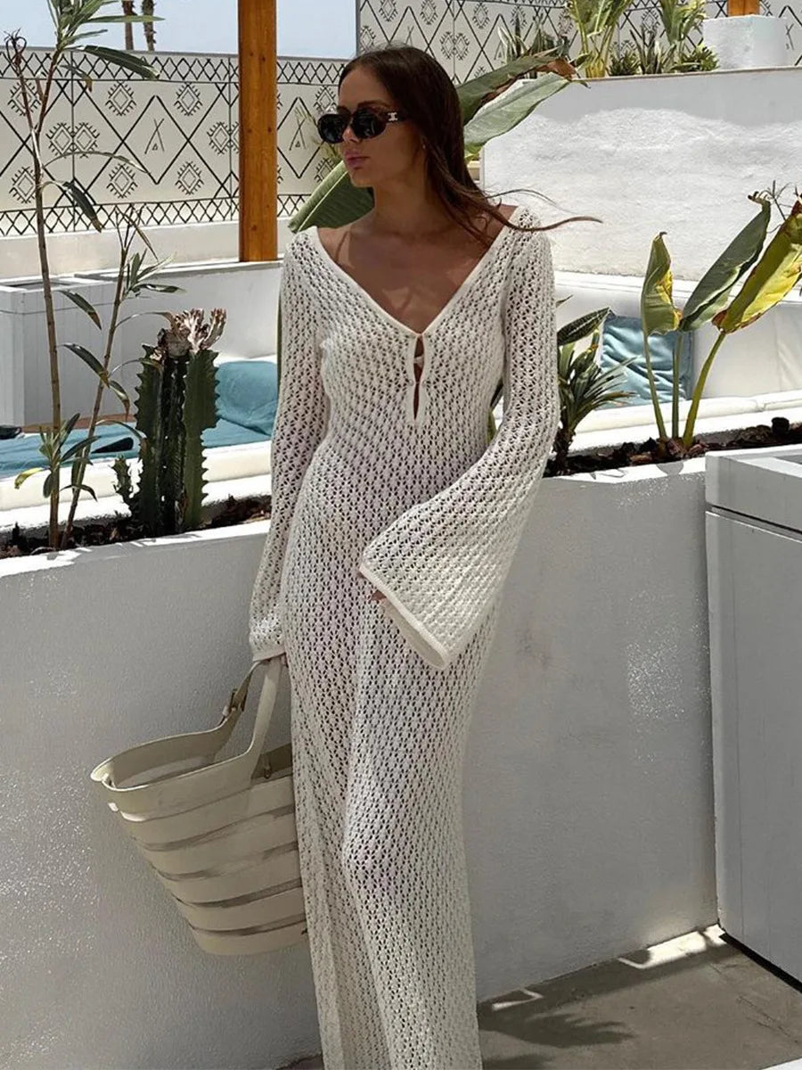 Sexy Women Long Knit Beach Dress Hollow-Out Deep V-Neck Long Sleeve Bikini Cover-Ups Dress Fall Backless Holiday Dress