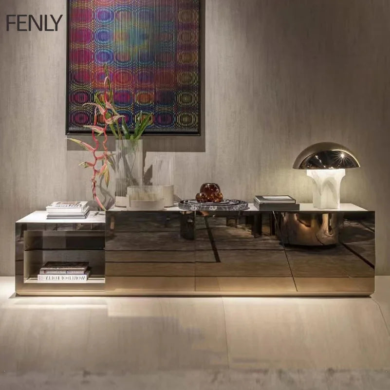 Luxury Italian Tempered Glass Storage Cabinet. Modern TV Unit For Living Room