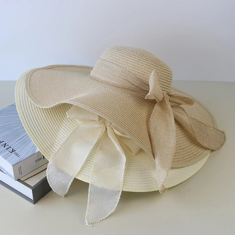 Summer Women Straw Hat Bowknot Wide Brim Floppy Panama Hats Female Lady Outdoor Foldable Beach Sun Protector
