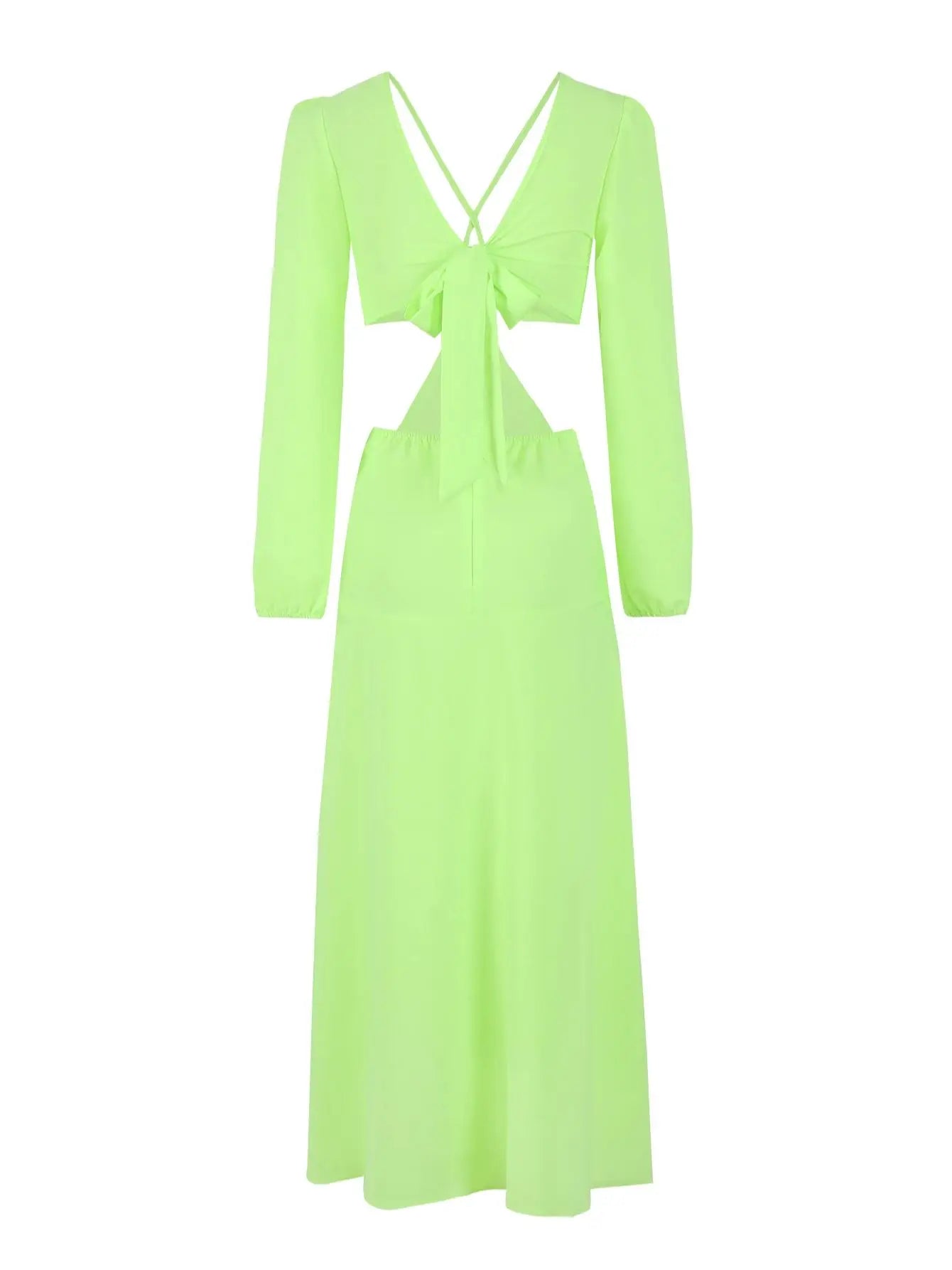 New Women's Sexy Long Sleeve Dress V Neck Solid Long Dress Halter Cut Out Exposed Waist High Slit Suspender Vacation