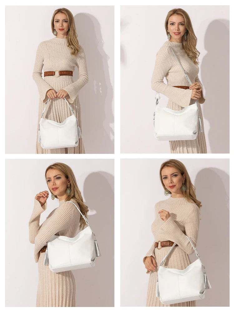 ZENCY Genuine Leather Shoulder Bag with Tassel Decoration