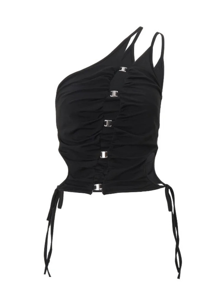 One Shoulder Black Halter Top - Edgy Y2K Rave Outfit with Sequined Corset and Hollow Out Design