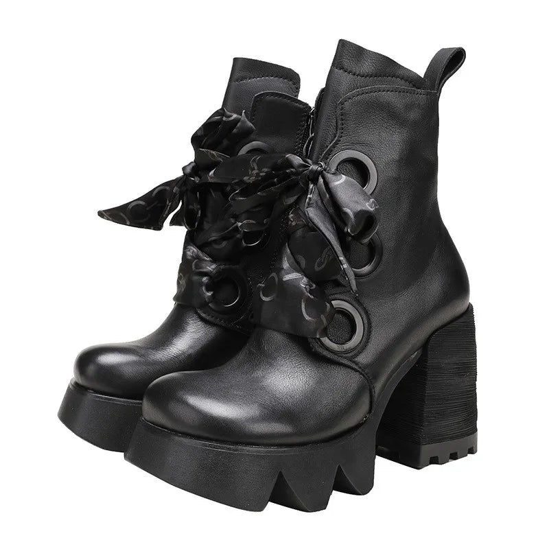 GKTINOO Genuine Leather High Heel Boots for Women – Modern Autumn Winter Platform Boots
