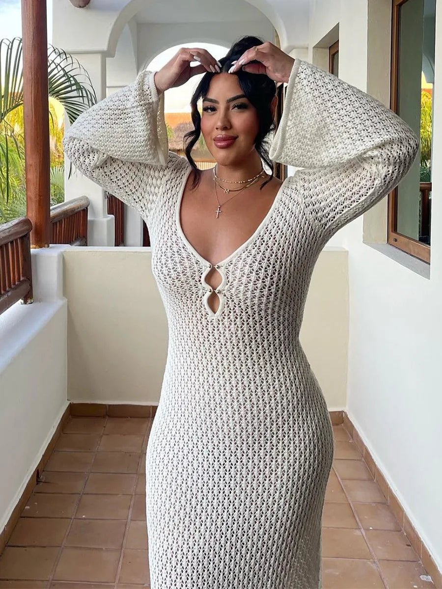 Sexy Women Long Knit Beach Dress Hollow-Out Deep V-Neck Long Sleeve Bikini Cover-Ups Dress Fall Backless Holiday Dress