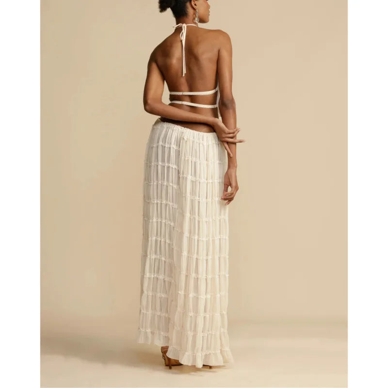 Elegant 2-Piece Beach Dress Set: Sleeveless Backless Halter Top with Drawstring Long Skirt - Stylish & Chic Beachwear