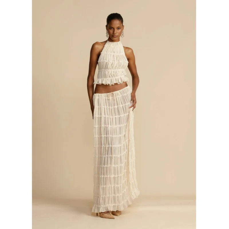 Elegant 2-Piece Beach Dress Set: Sleeveless Backless Halter Top with Drawstring Long Skirt - Stylish & Chic Beachwear
