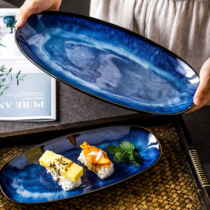 KINGLANG Japanese Kiln Glazed Blue Long Sushi Plate
