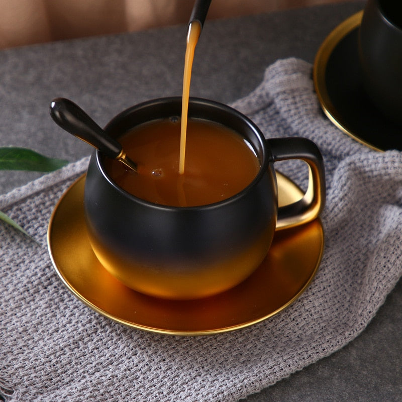 Luxury Black Gold Ceramic Coffee Cup and Saucer Gift Set - Perfect for Espresso, Coffee, Tea, and More!