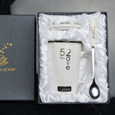 Marble Couple Cup 420ML. Ceramic coffee mug with spoon.