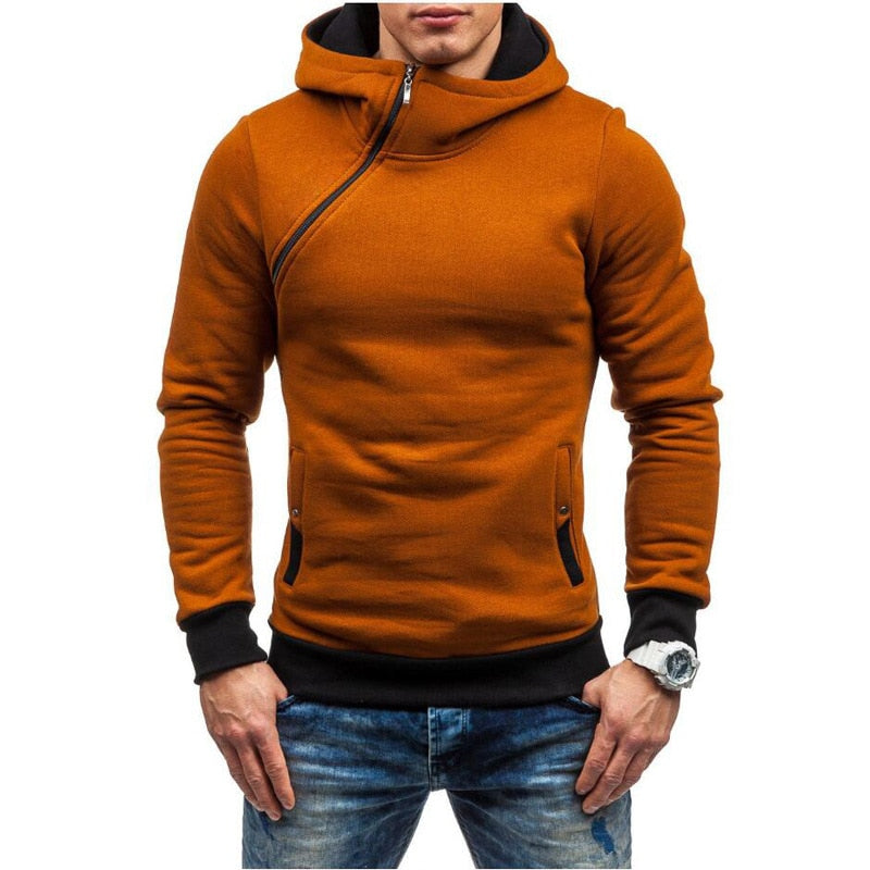 Slim Hooded Sweatshirt with Diagonal Zipper for Men