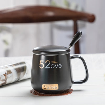 Marble Couple Cup 420ML. Ceramic coffee mug with spoon.