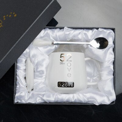 Marble Couple Cup 420ML. Ceramic coffee mug with spoon.