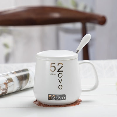 Marble Couple Cup 420ML. Ceramic coffee mug with spoon.