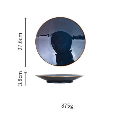 Deep Blue Color Ceramic Tableware Retro Glazed Dinnerware, Porcelain Pottery Dish Plate