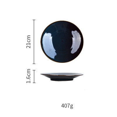 Deep Blue Color Ceramic Tableware Retro Glazed Dinnerware, Porcelain Pottery Dish Plate