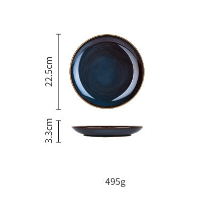 Deep Blue Color Ceramic Tableware Retro Glazed Dinnerware, Porcelain Pottery Dish Plate
