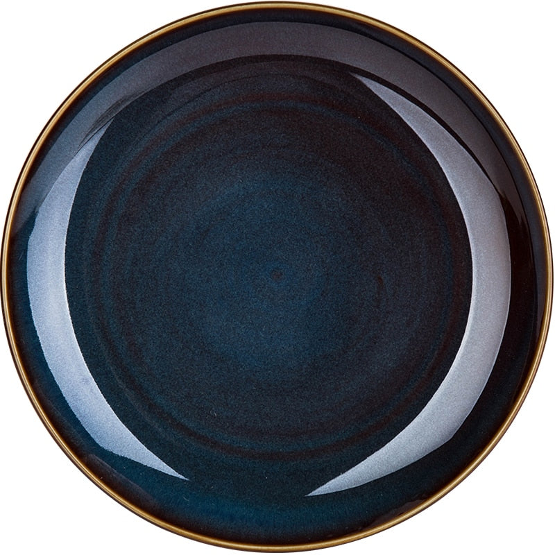 Deep Blue Color Ceramic Tableware Retro Glazed Dinnerware, Porcelain Pottery Dish Plate