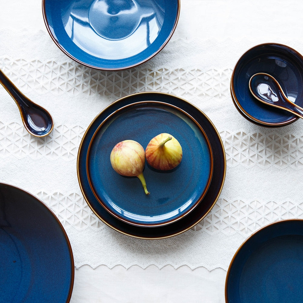 Deep Blue Color Ceramic Tableware Retro Glazed Dinnerware, Porcelain Pottery Dish Plate