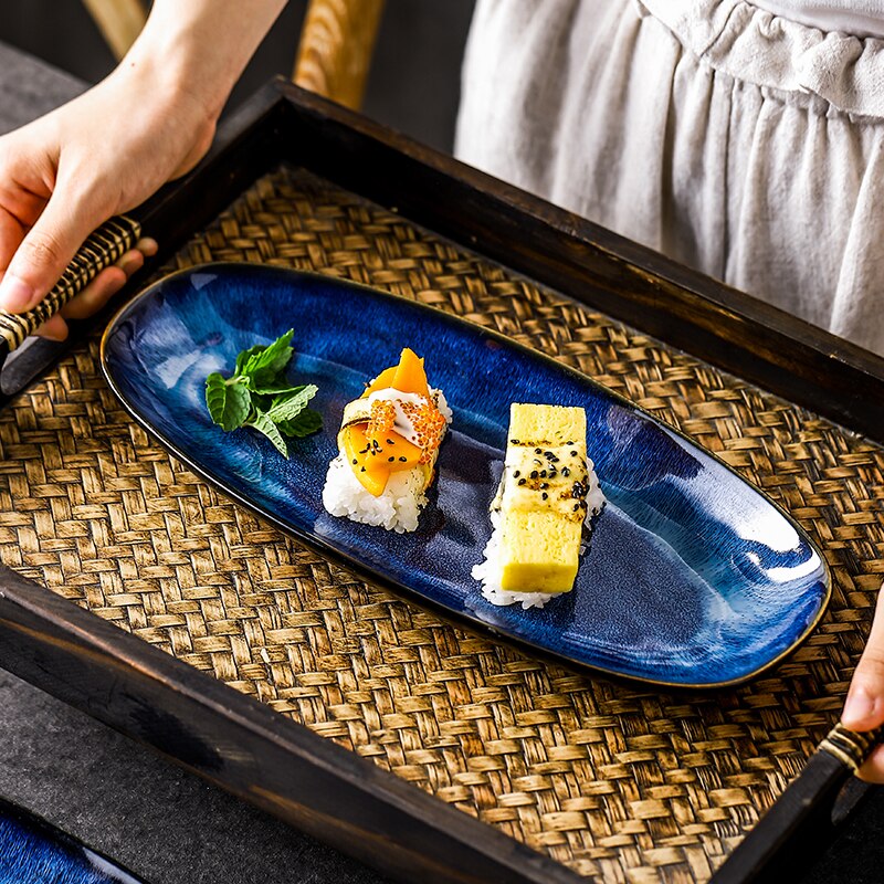 KINGLANG Japanese Kiln Glazed Blue Long Sushi Plate