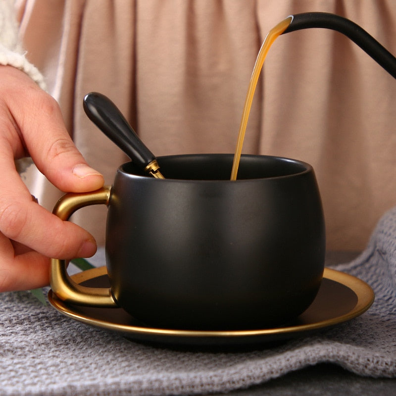 Luxury Black Gold Ceramic Coffee Cup and Saucer Gift Set - Perfect for Espresso, Coffee, Tea, and More!