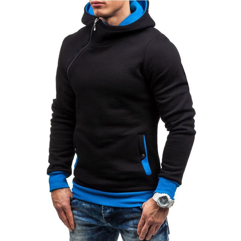 Slim Hooded Sweatshirt with Diagonal Zipper for Men
