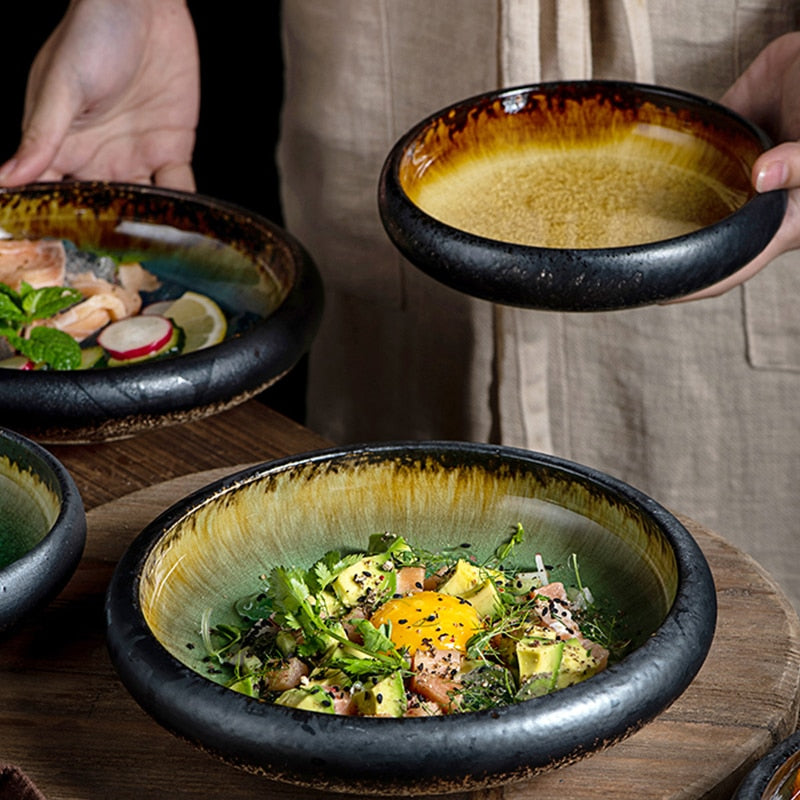 KINGLANG Kiln Ice Split Glaze Ceramic Plate, Japanese Sushi Dish prefect for Salads
