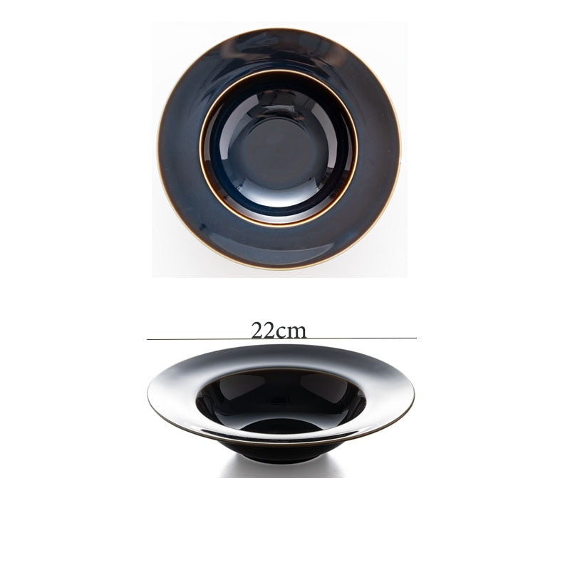 Deep Blue Color Ceramic Tableware Retro Glazed Dinnerware, Porcelain Pottery Dish Plate