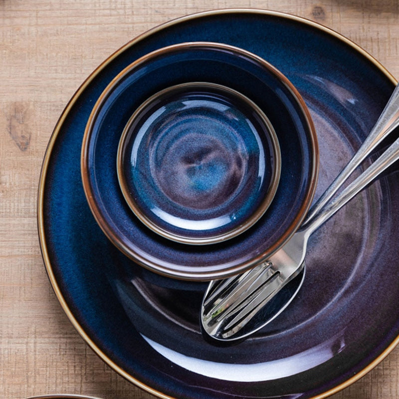 Deep Blue Color Ceramic Tableware Retro Glazed Dinnerware, Porcelain Pottery Dish Plate
