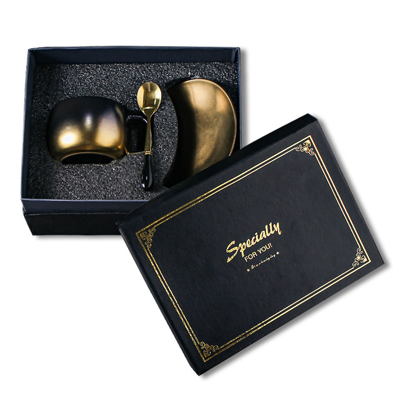 Luxury Black Gold Ceramic Coffee Cup and Saucer Gift Set - Perfect for Espresso, Coffee, Tea, and More!