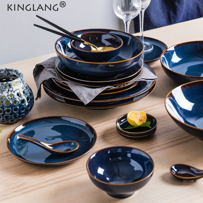 Deep Blue Color Ceramic Tableware Retro Glazed Dinnerware, Porcelain Pottery Dish Plate