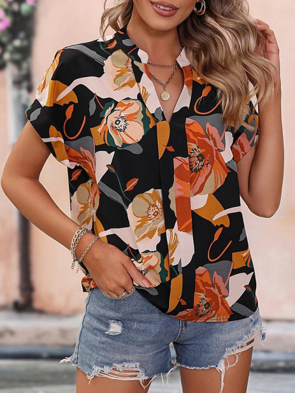 Women's Fashion Painted Printing V-neck Short Sleeve Top