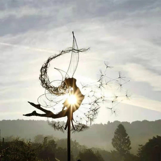 Garden Decoration Fairies and Dandelion Dance Together Metal Ornament Lawn Yard Landscape Sculpture Miniature Art Decor Outdoor