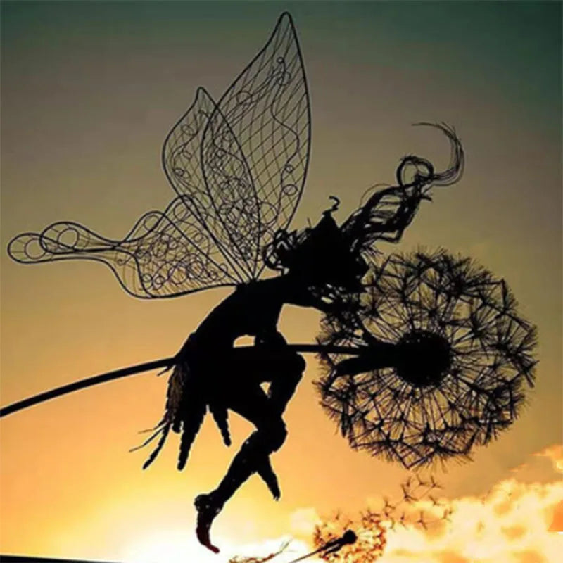 Garden Decoration Fairies and Dandelion Dance Together Metal Ornament Lawn Yard Landscape Sculpture Miniature Art Decor Outdoor