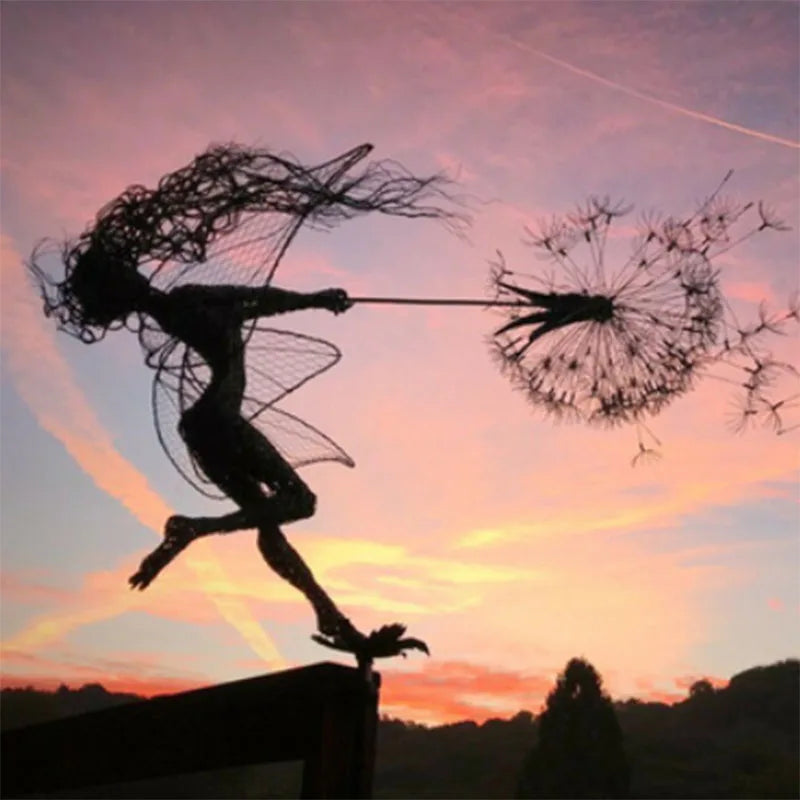 Garden Decoration Fairies and Dandelion Dance Together Metal Ornament Lawn Yard Landscape Sculpture Miniature Art Decor Outdoor