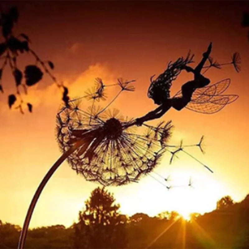 Garden Decoration Fairies and Dandelion Dance Together Metal Ornament Lawn Yard Landscape Sculpture Miniature Art Decor Outdoor