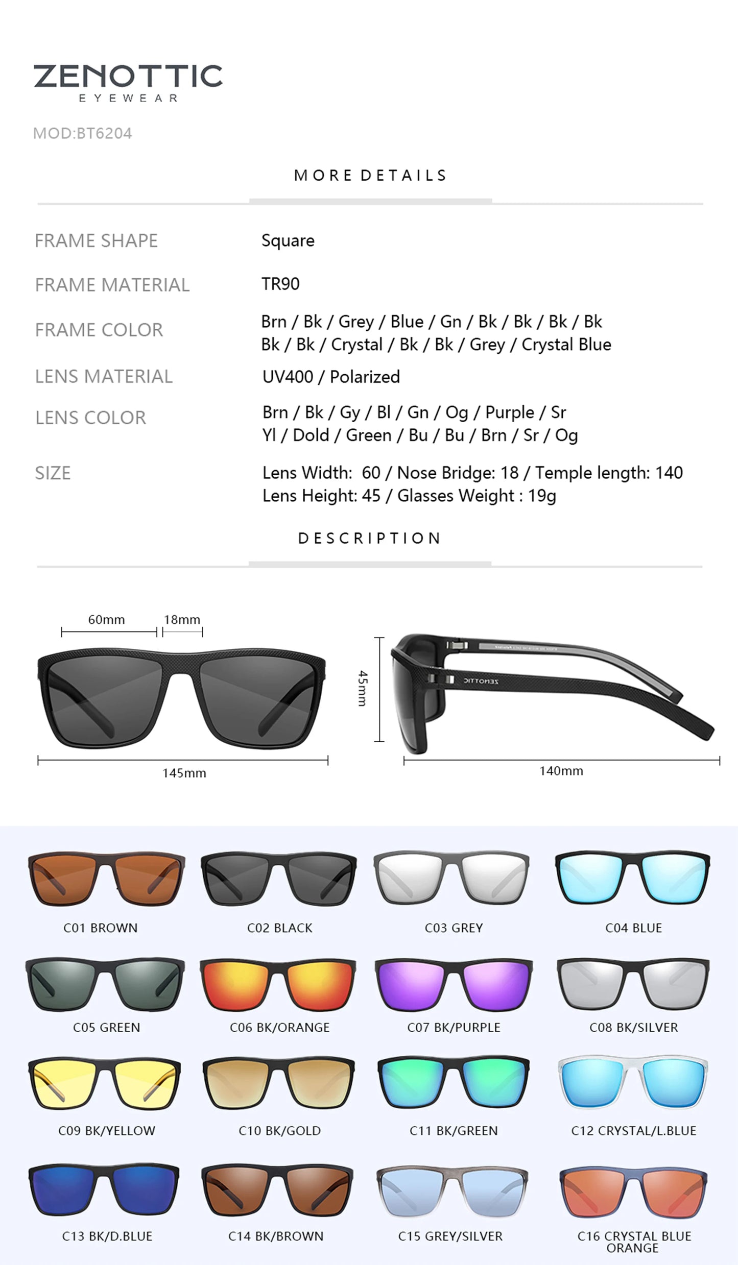 ZENOTTIC Polarized Sunglasses for Men Shades Lightweight TR90 Frame UV400 Protection Square Outdoor Trave Driving Sun Glasses