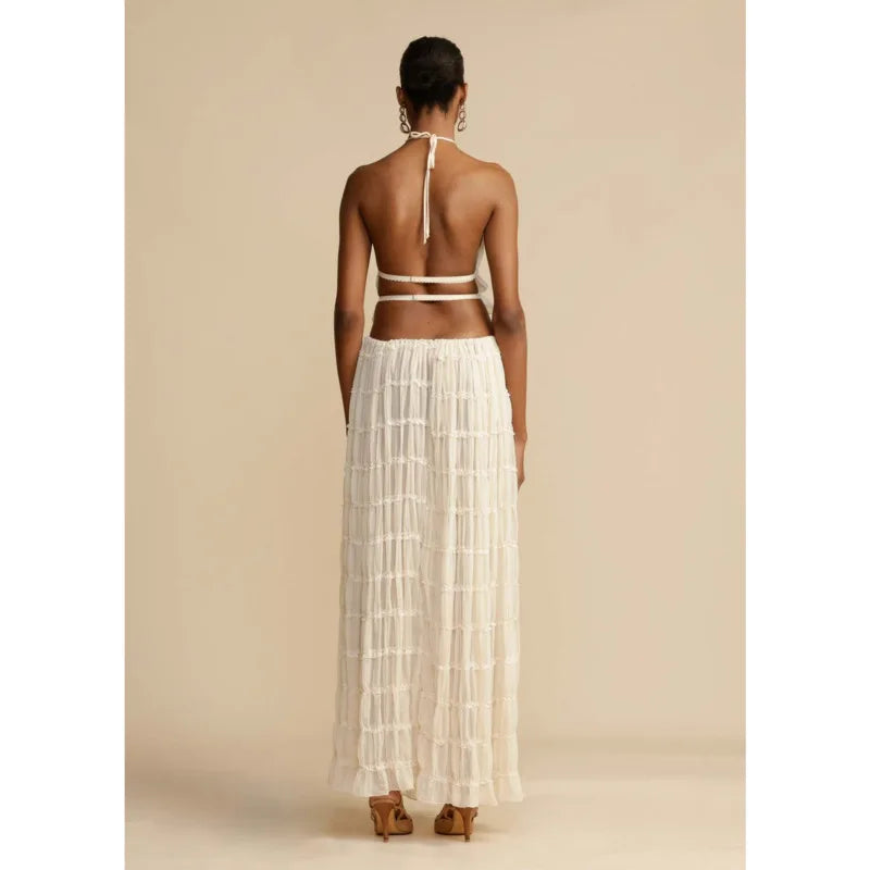 Elegant 2-Piece Beach Dress Set: Sleeveless Backless Halter Top with Drawstring Long Skirt - Stylish & Chic Beachwear
