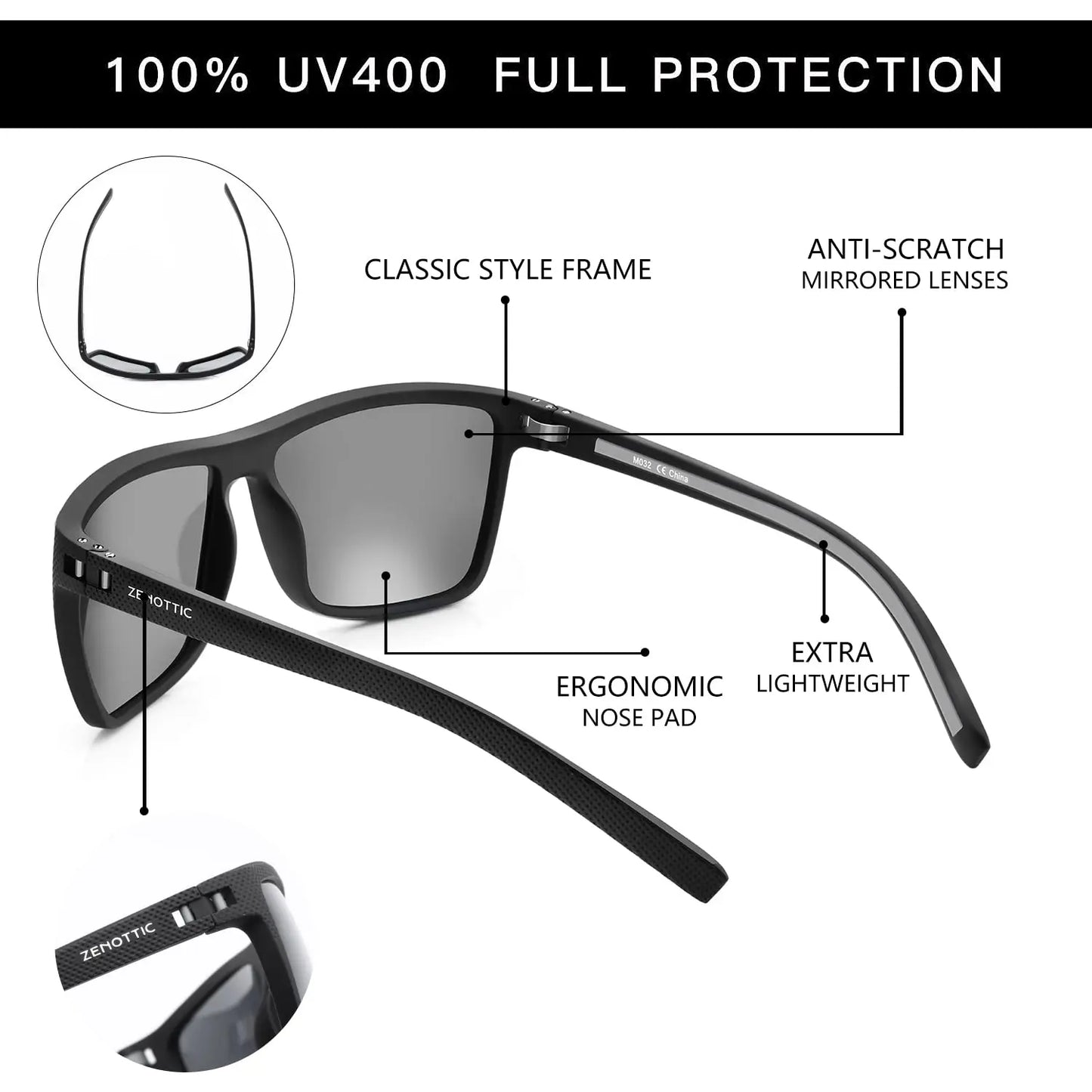 ZENOTTIC Polarized Sunglasses for Men Shades Lightweight TR90 Frame UV400 Protection Square Outdoor Trave Driving Sun Glasses
