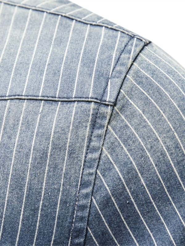 Men's Heavy Washed Distressed Striped Denim Shirt