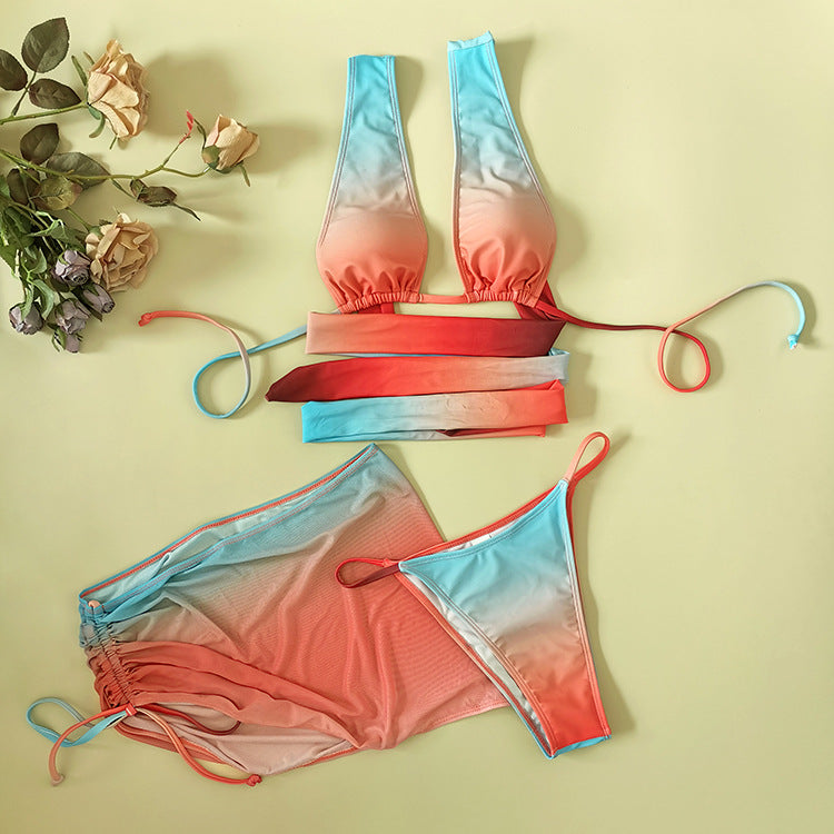 Women's Sports Swimsuit with Chest Pad and Polyester Fabric. Color Gradient Three-Piece Bikini