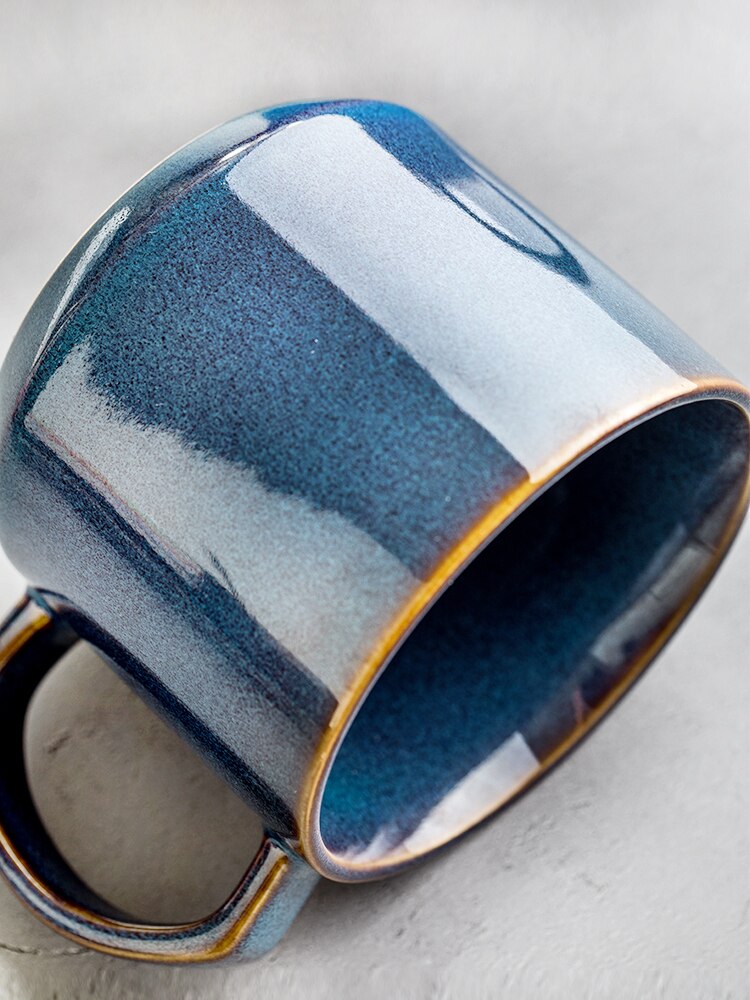 Rustic Blue Ceramic Coffee Mug with Brown Rim