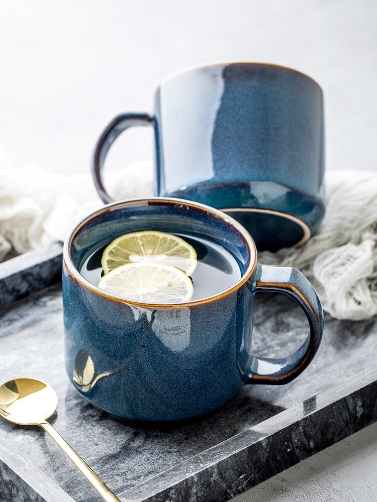Rustic Blue Ceramic Coffee Mug with Brown Rim
