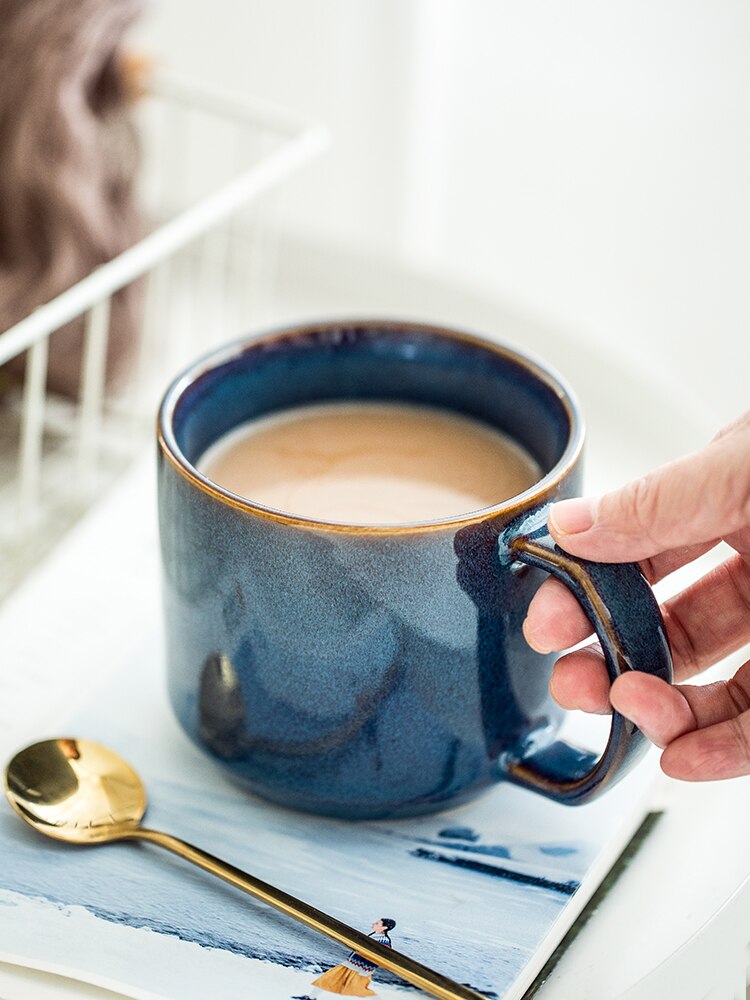 Rustic Blue Ceramic Coffee Mug with Brown Rim