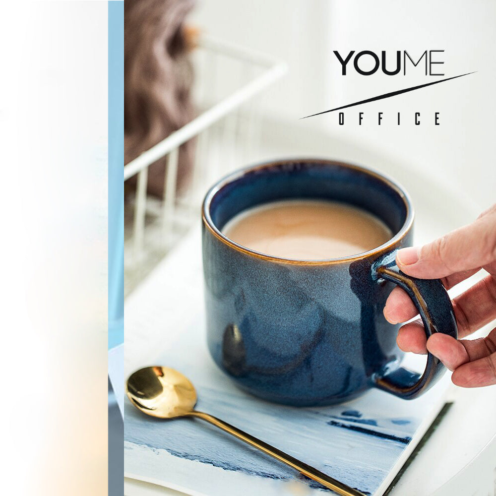 Rustic Blue Ceramic Coffee Mug with Brown Rim