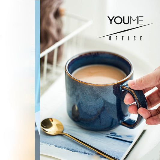 Rustic Blue Ceramic Coffee Mug with Brown Rim
